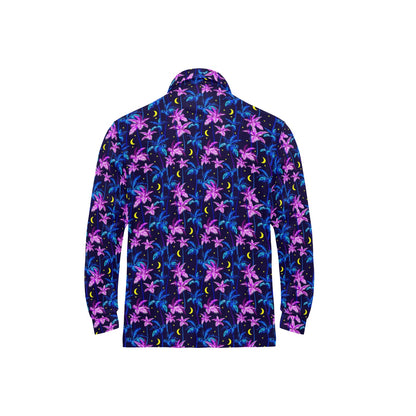Palm Tree Night Scene Design Print Long Sleeve Polo Shirt For Men's