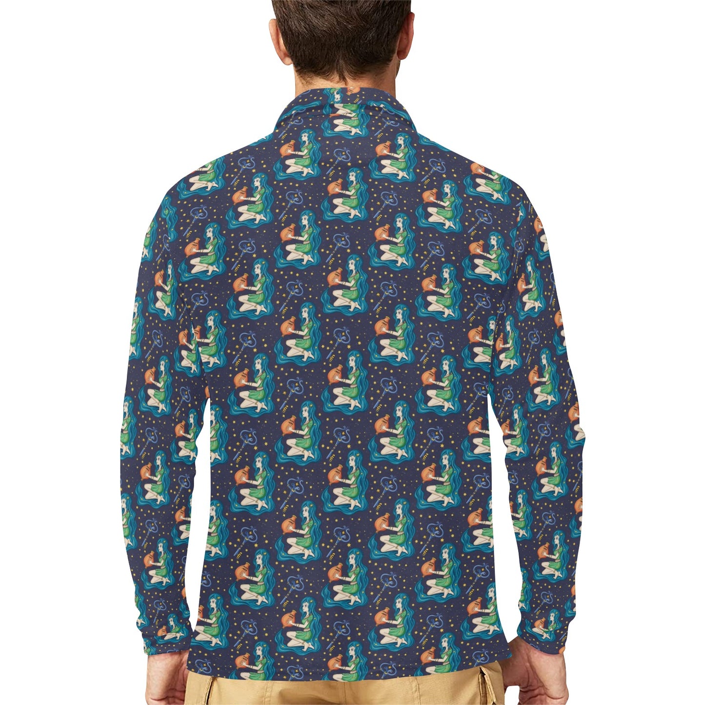 Aquarius Zodiac Pattern Print Design 03 Long Sleeve Polo Shirt For Men's