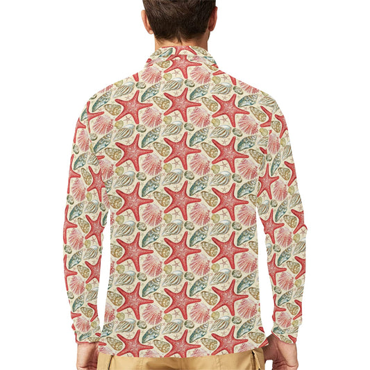 Seashell Print Design LKS301 Long Sleeve Polo Shirt For Men's