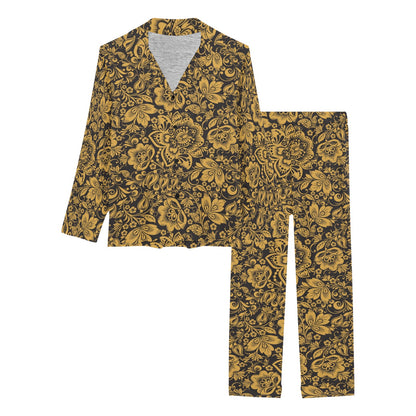 Brocade Gold Pattern Print Design 01 Women's Long Pajama Set