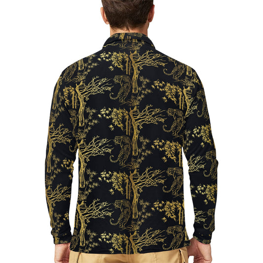 Tiger Gold Print Design LKS307 Long Sleeve Polo Shirt For Men's
