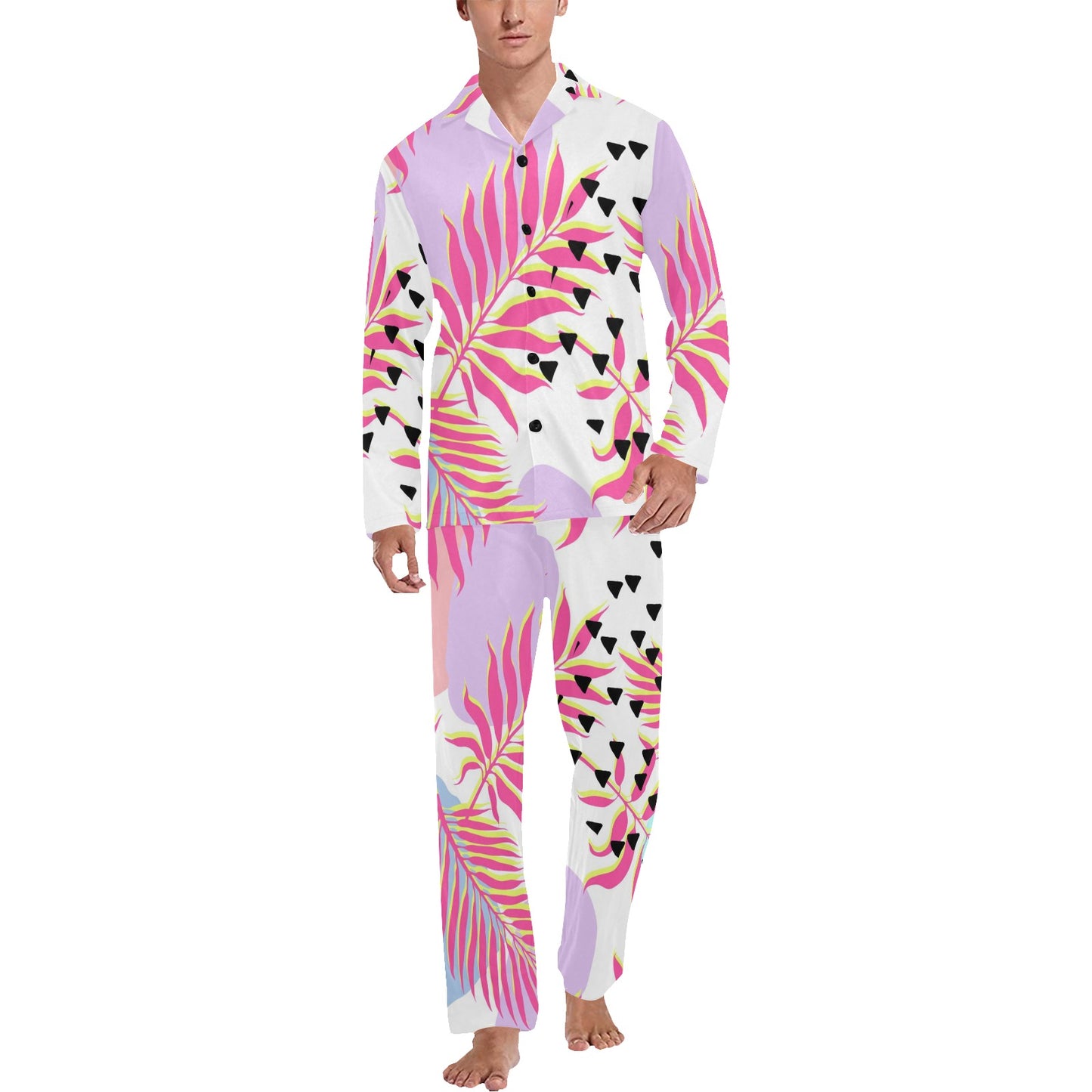 Pink Tropical Palm Leaves Men's Long Pajama Set