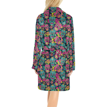 Sugar Skull Floral Design Themed Print Women's Fleece Robe