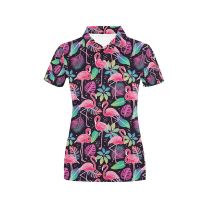 Flamingo Tropical leaves Neon Print Women's Polo Shirt