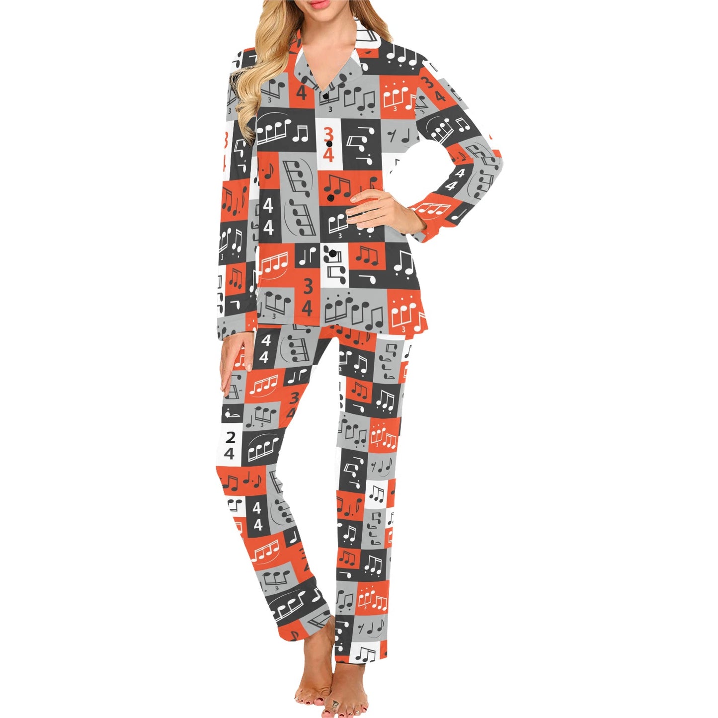Music Note Design Themed Print Women's Long Pajama Set