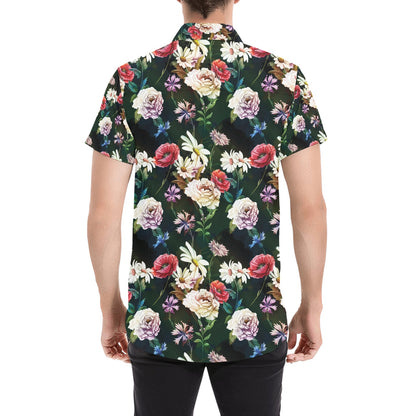 Summer Floral Print Design LKS303 Men Short Sleeve Button Up Shirt