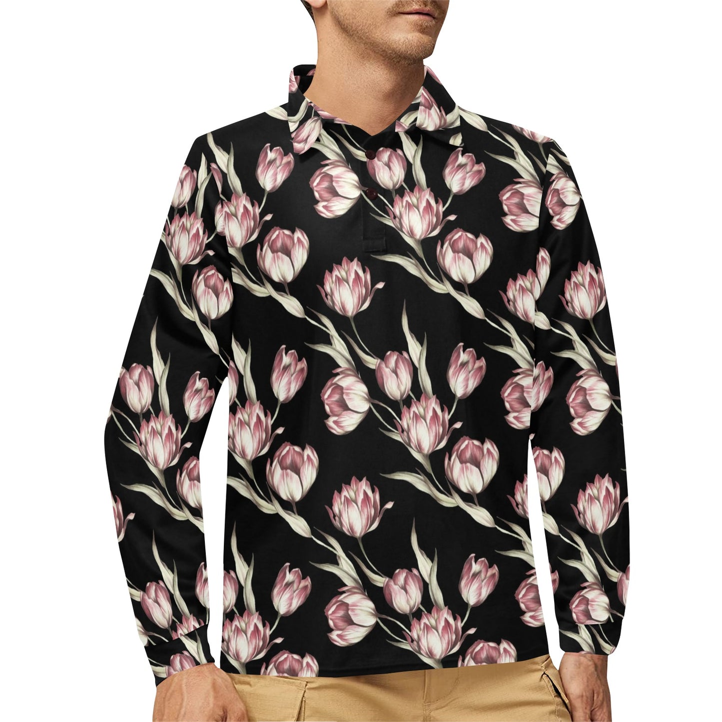 Tulip Pink Pattern Print Design TP02 Long Sleeve Polo Shirt For Men's