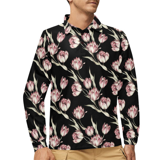 Tulip Pink Pattern Print Design TP02 Long Sleeve Polo Shirt For Men's