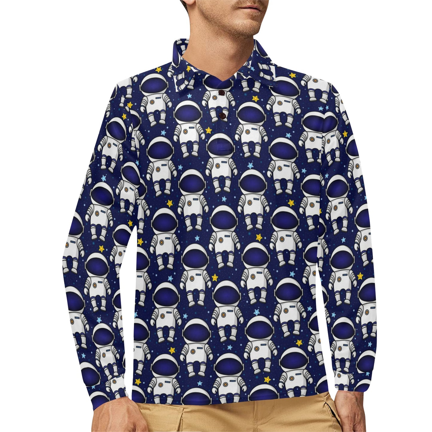 Astronaut Pattern Print Design 01 Long Sleeve Polo Shirt For Men's