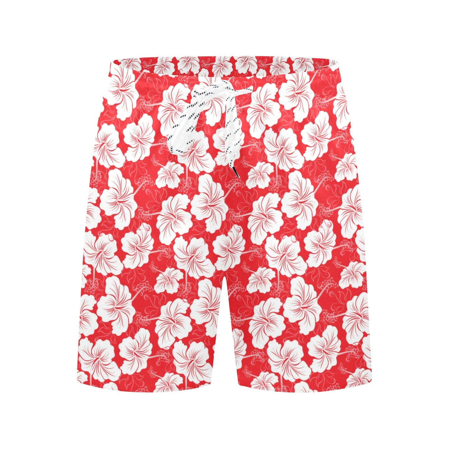 Flower Hawaiian Hibiscus Red Background Print Men's Swim Trunks Beach Shorts