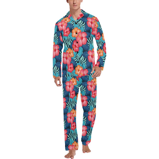 Red Hibiscus Pattern Print Design HB02 Men's Long Pajama Set