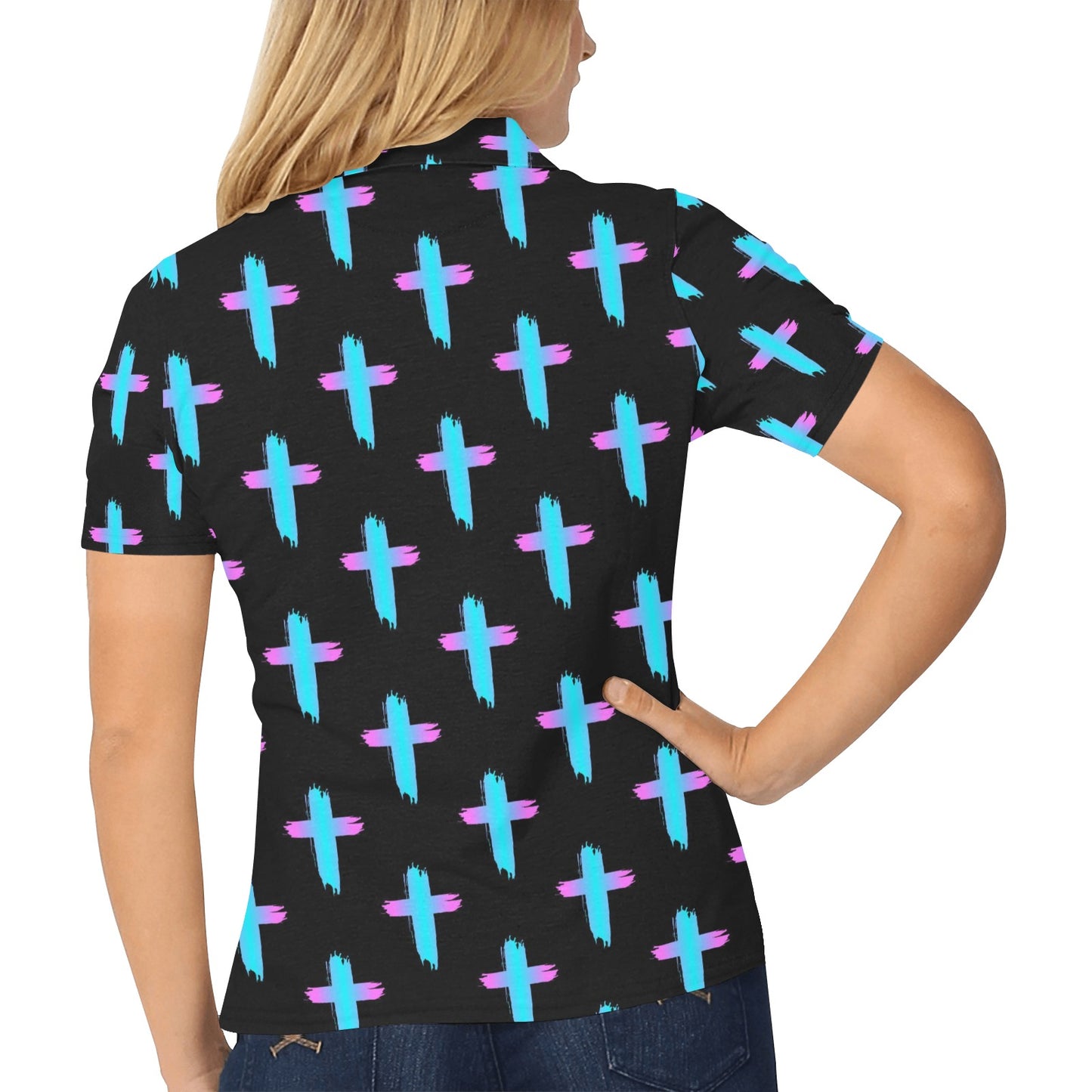 Christian Cross neon Pattern Women's Polo Shirt