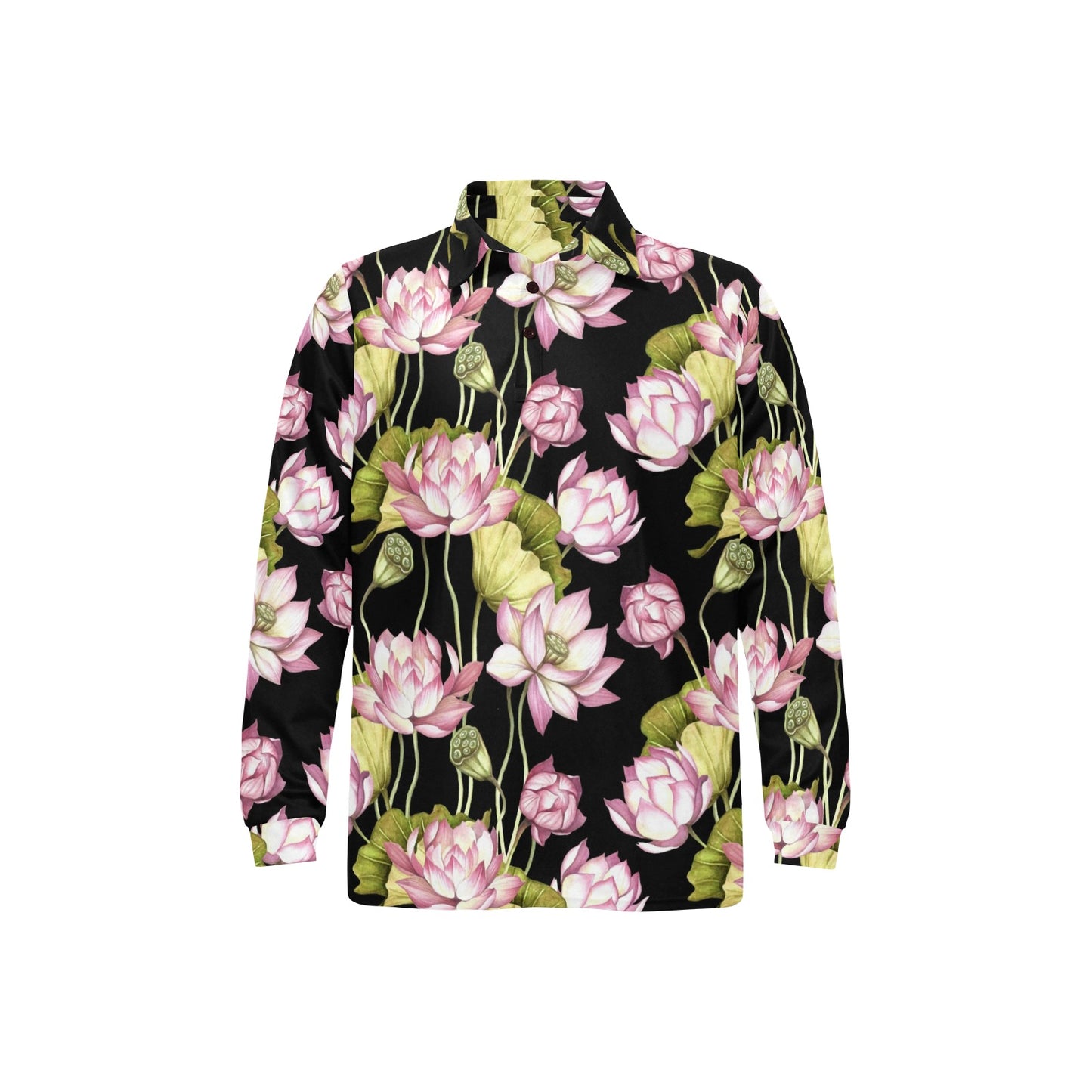 Water Lily Pattern Print Design WL06 Long Sleeve Polo Shirt For Men's
