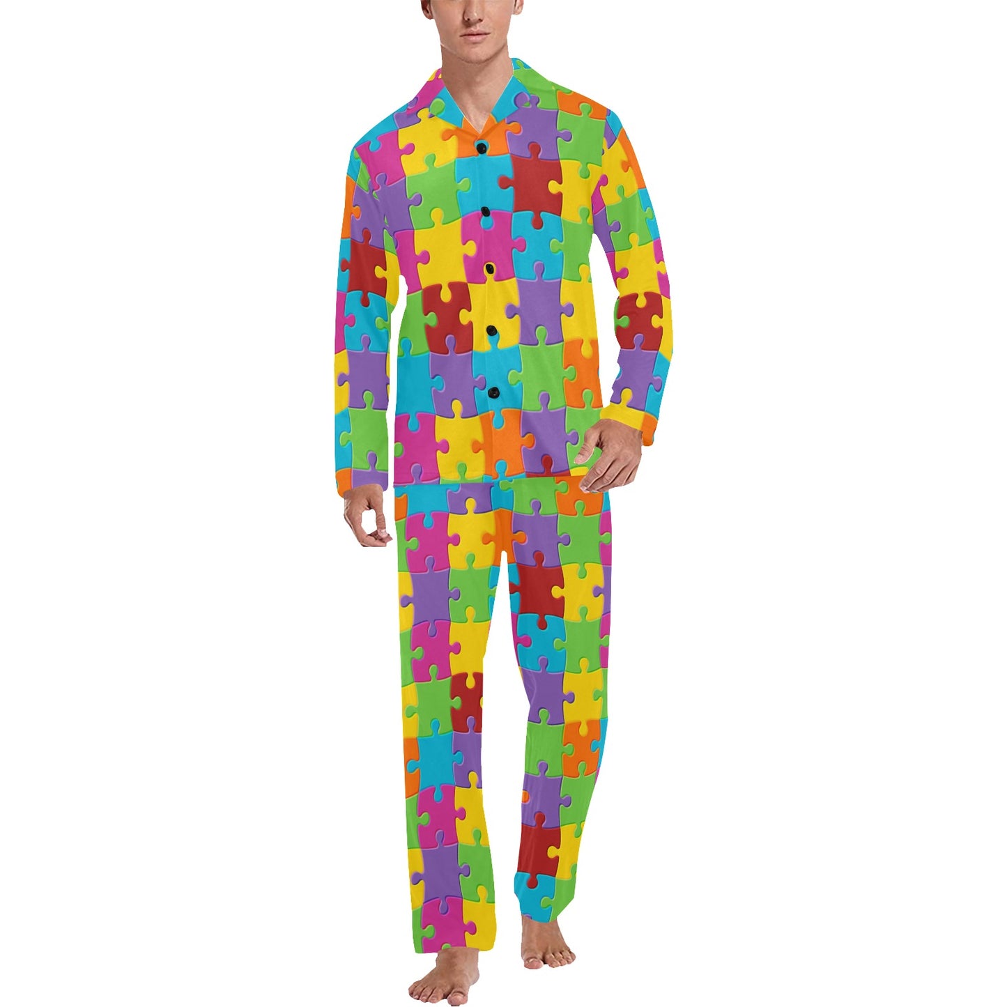 Autism Awareness Pattern Print Design 02 Men's Long Pajama Set