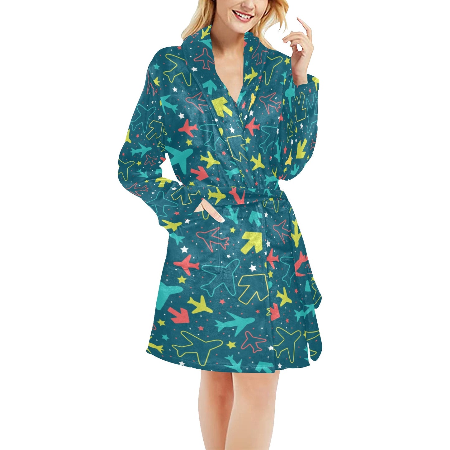 Airplane Pattern Print Design 05 Women's Fleece Robe