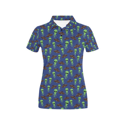 Alien Green UFO Pattern Women's Polo Shirt