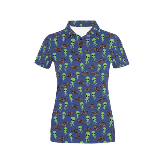 Alien Green UFO Pattern Women's Polo Shirt