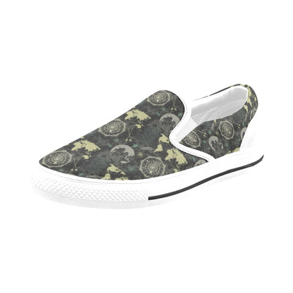 World Map Print Design LKS303 White Slip Ons Canvas Women's Shoes