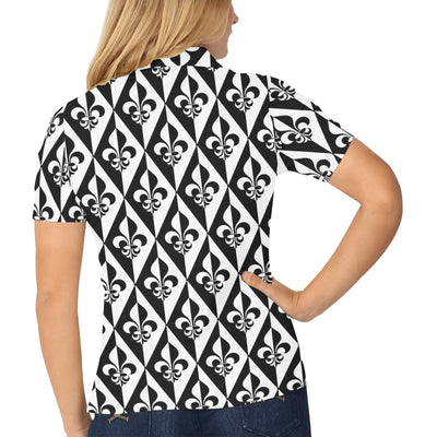 Fleur De Lis Black White Pattern Print Design 02 Women's Polo Shirt