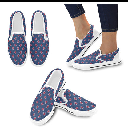 Star Red Blue Print Design LKS301 White Slip Ons Canvas Women's Shoes