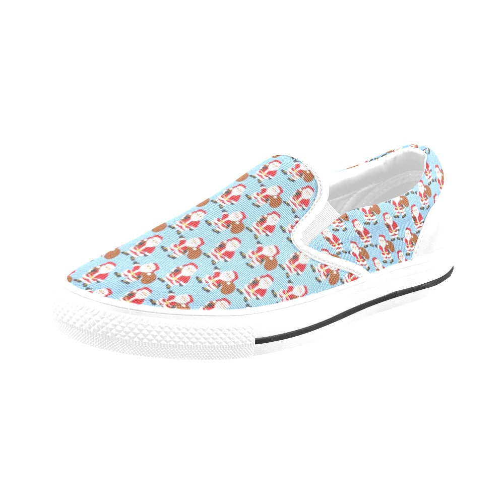 Santa Christmas Themed Print Design LKS305 White Slip Ons Canvas Women's Shoes
