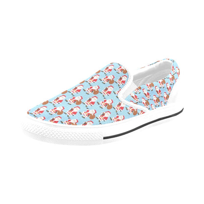 Santa Christmas Themed Print Design LKS305 White Slip Ons Canvas Women's Shoes