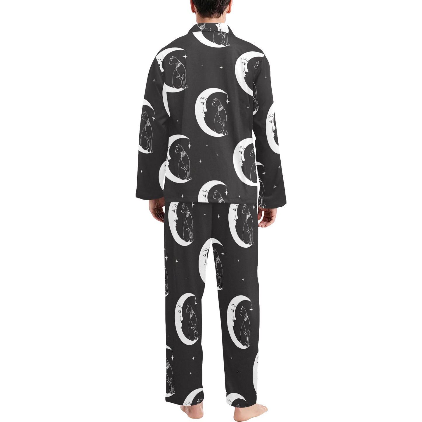 Moon with Cat Pattern Print Design 04 Men's Long Pajama Set