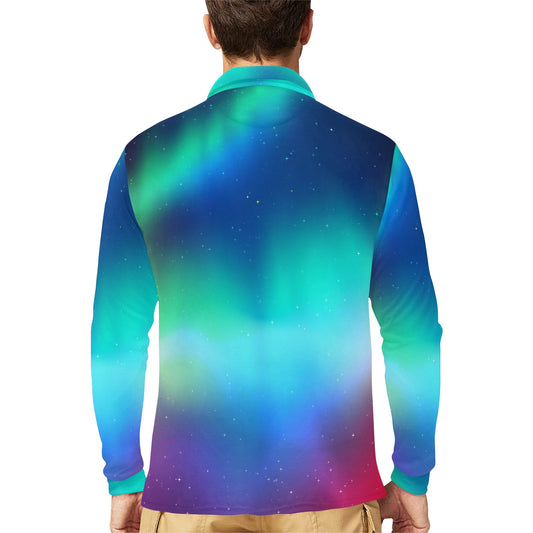 Aurora Borealis Pattern Print Design 02 Long Sleeve Polo Shirt For Men's