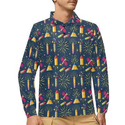 Firework Sparkling Rockets Print Design LKS306 Long Sleeve Polo Shirt For Men's