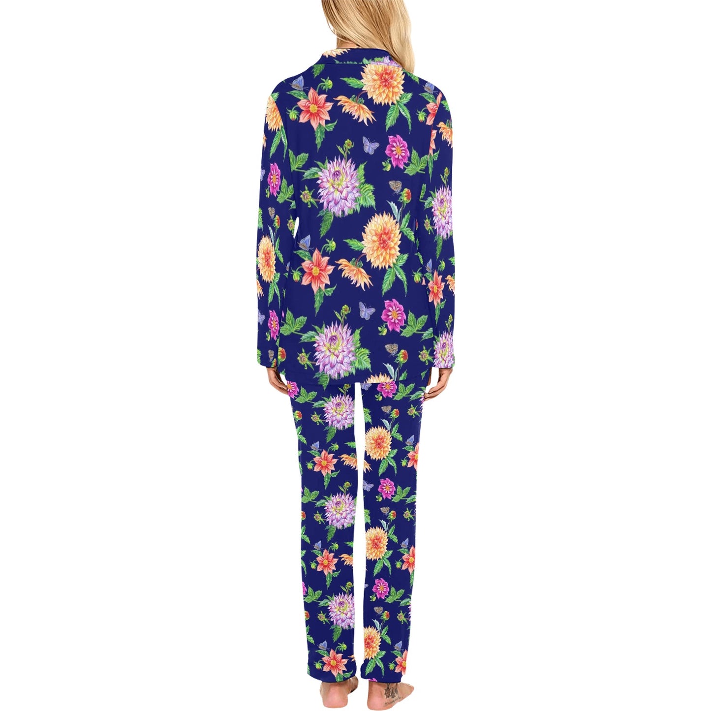 Dahlia Pattern Print Design DH010 Women's Long Pajama Set