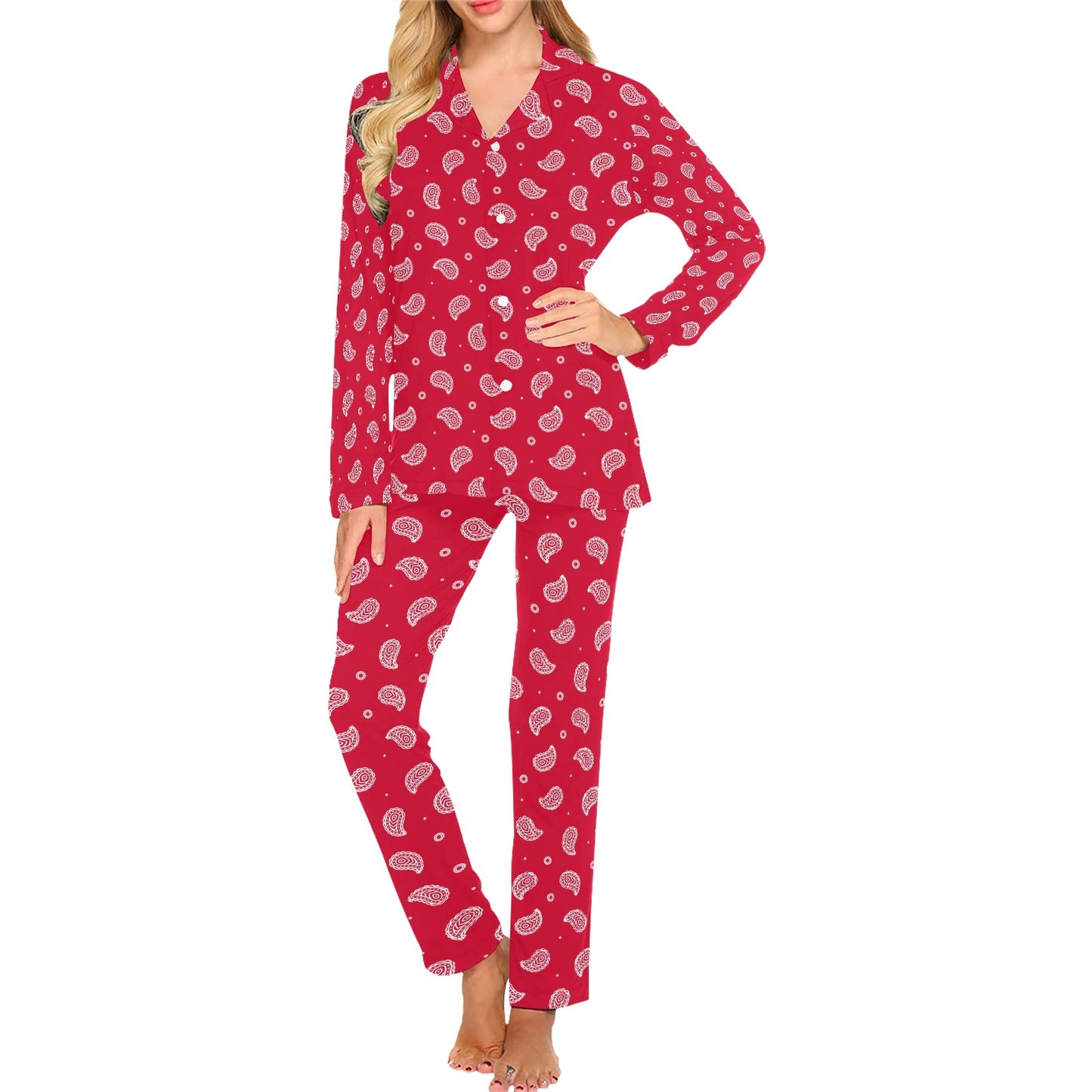 Bandana Red Paisley Print Design LKS305 Women's Long Pajama Set