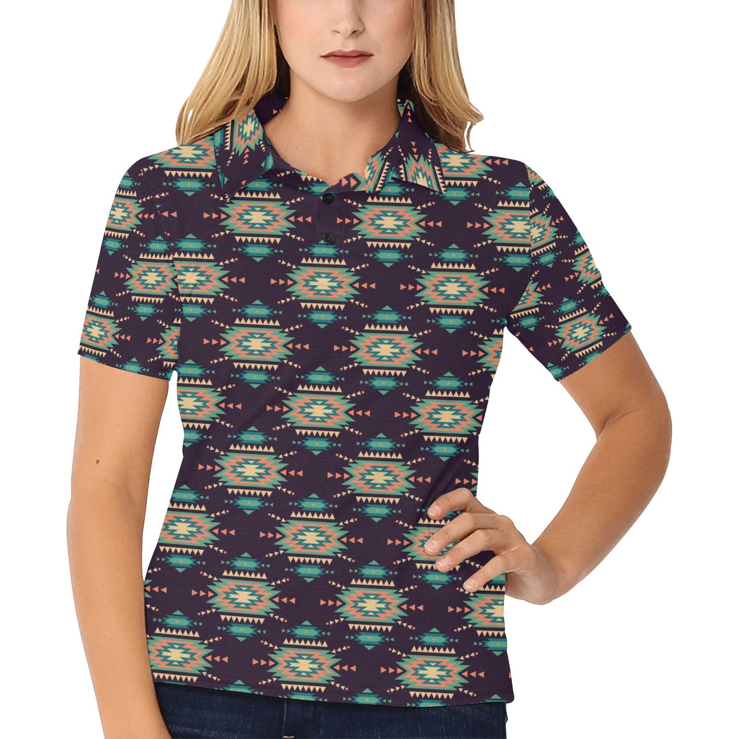 Navajo Geometric Style Print Pattern Women's Polo Shirt