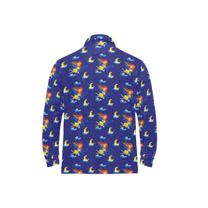 Fairy with Moon Print Pattern Long Sleeve Polo Shirt For Men's