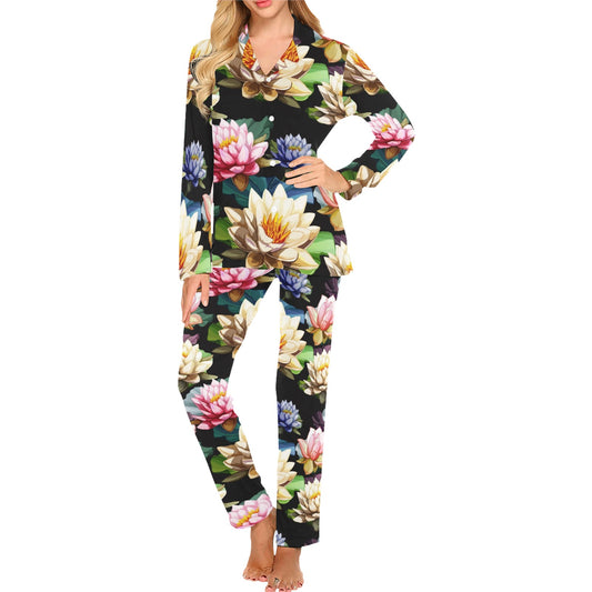Water Lily Pattern Print Design WL02 Women's Long Pajama Set