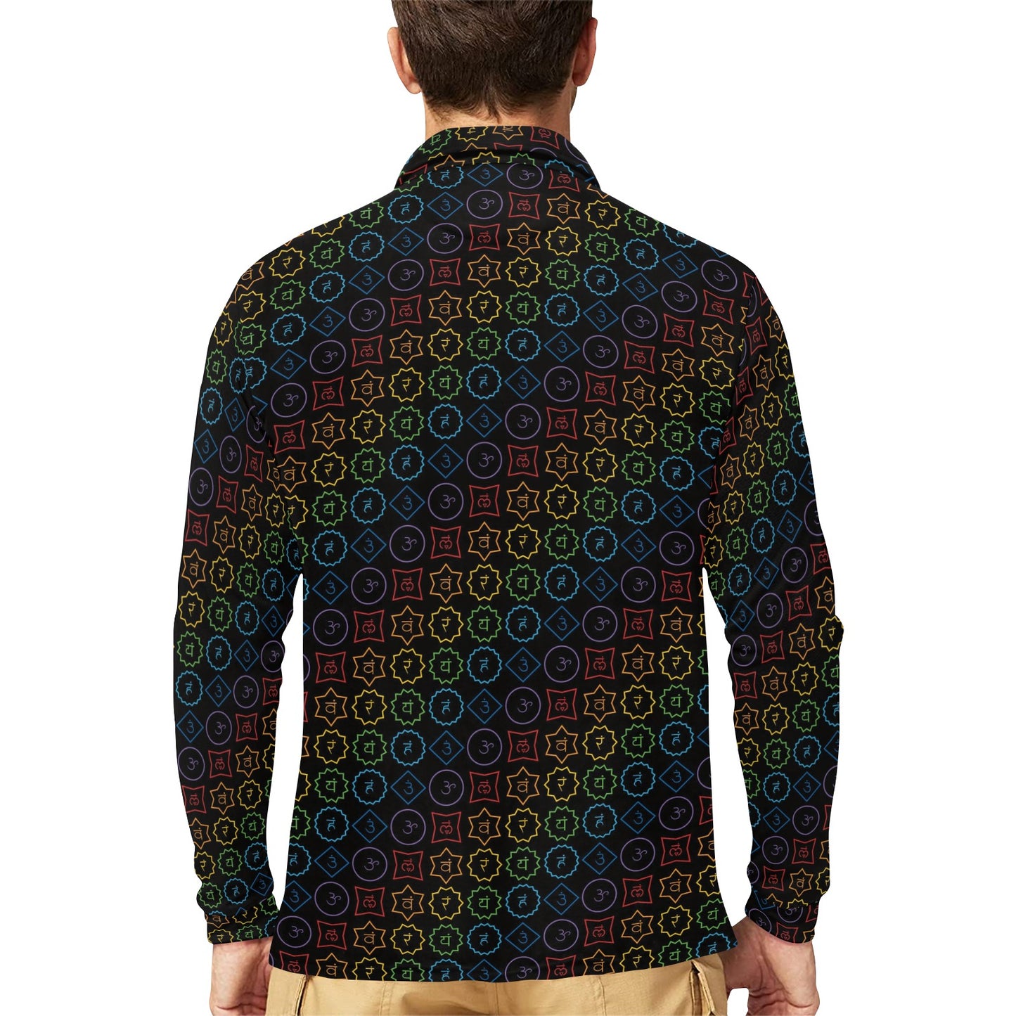 Chakra Colorful Symbol Pattern Long Sleeve Polo Shirt For Men's