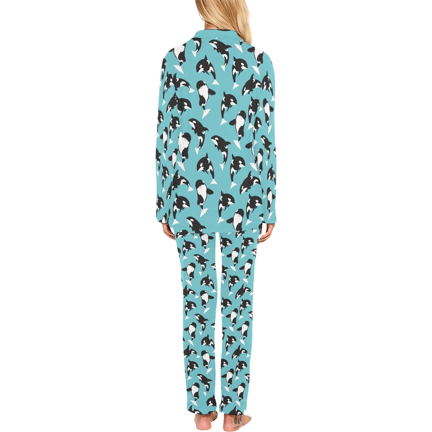 Whale Action Design Themed Print Women's Long Pajama Set