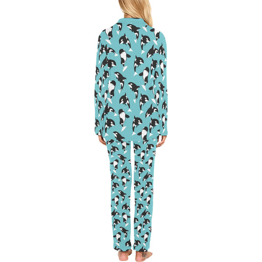 Whale Action Design Themed Print Women's Long Pajama Set
