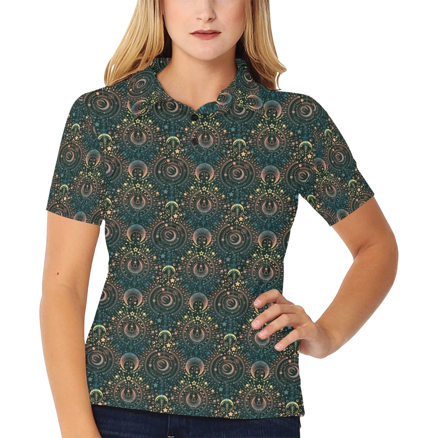Sun Moon Print Design LKS307 Women's Polo Shirt