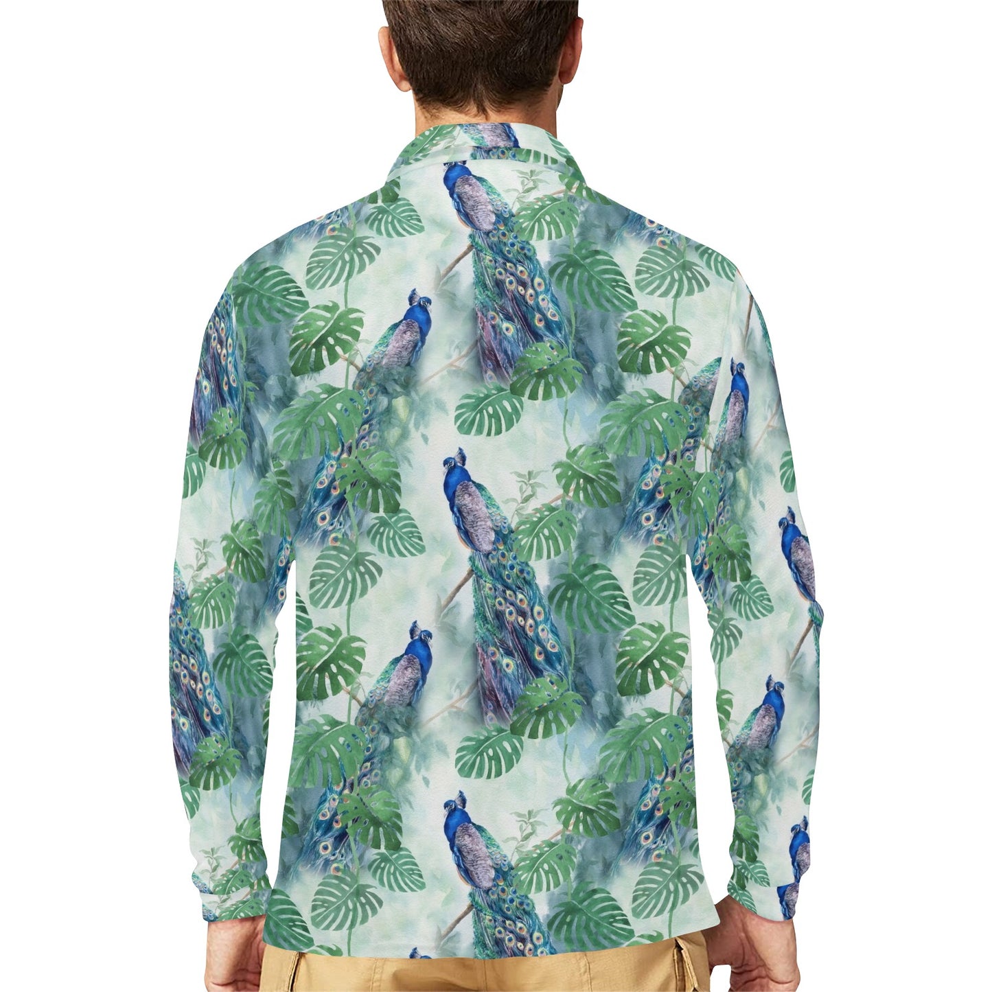 Peacock Pattern Print Design A02 Long Sleeve Polo Shirt For Men's