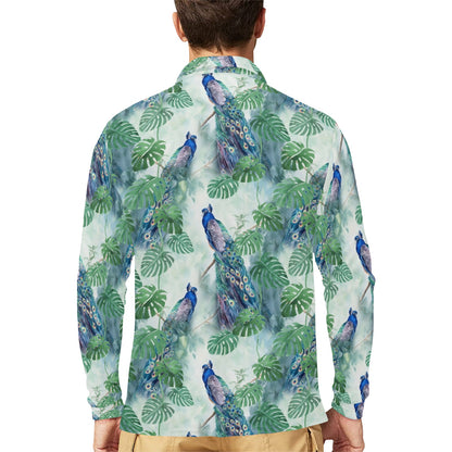 Peacock Pattern Print Design A02 Long Sleeve Polo Shirt For Men's
