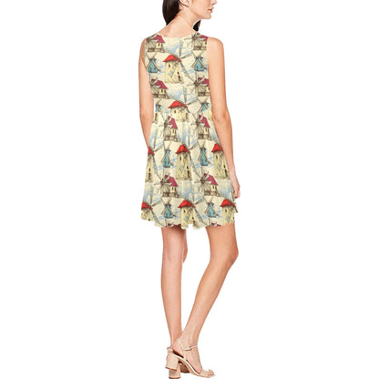 Windmill Pattern Print Design 01 Sleeveless Dress