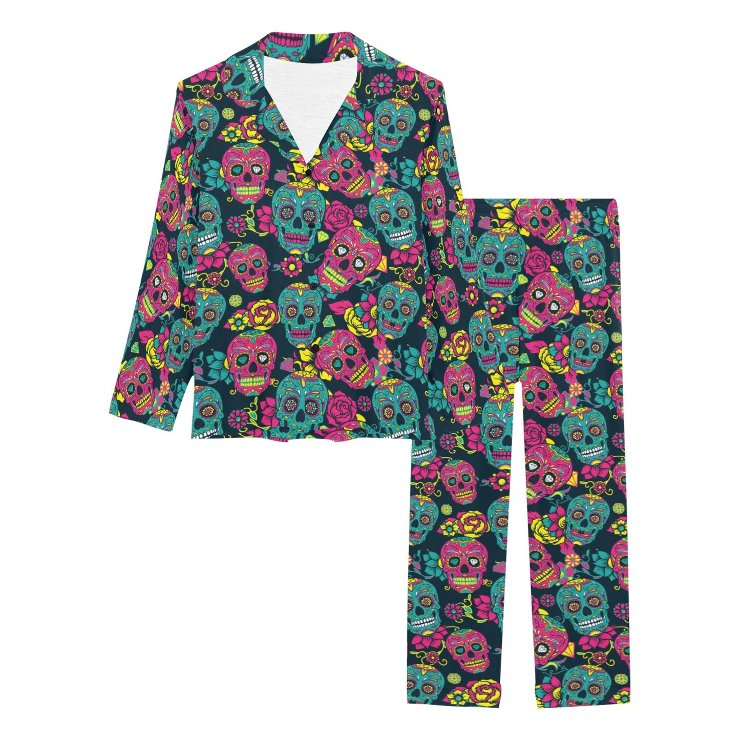 Sugar Skull Floral Design Themed Print Women's Long Pajama Set
