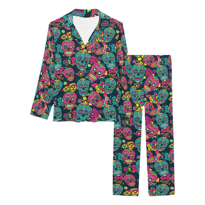 Sugar Skull Floral Design Themed Print Women's Long Pajama Set