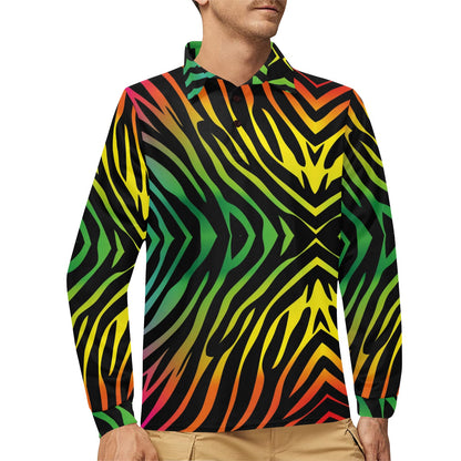 Rainbow Zebra Themed Print Long Sleeve Polo Shirt For Men's