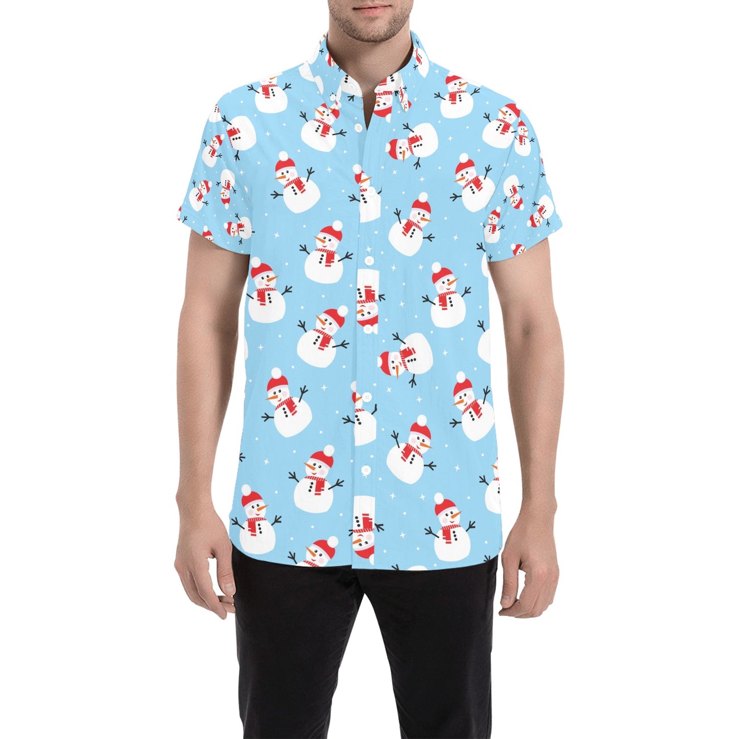 Snowman Print Design LKS305 Men Short Sleeve Button Up Shirt
