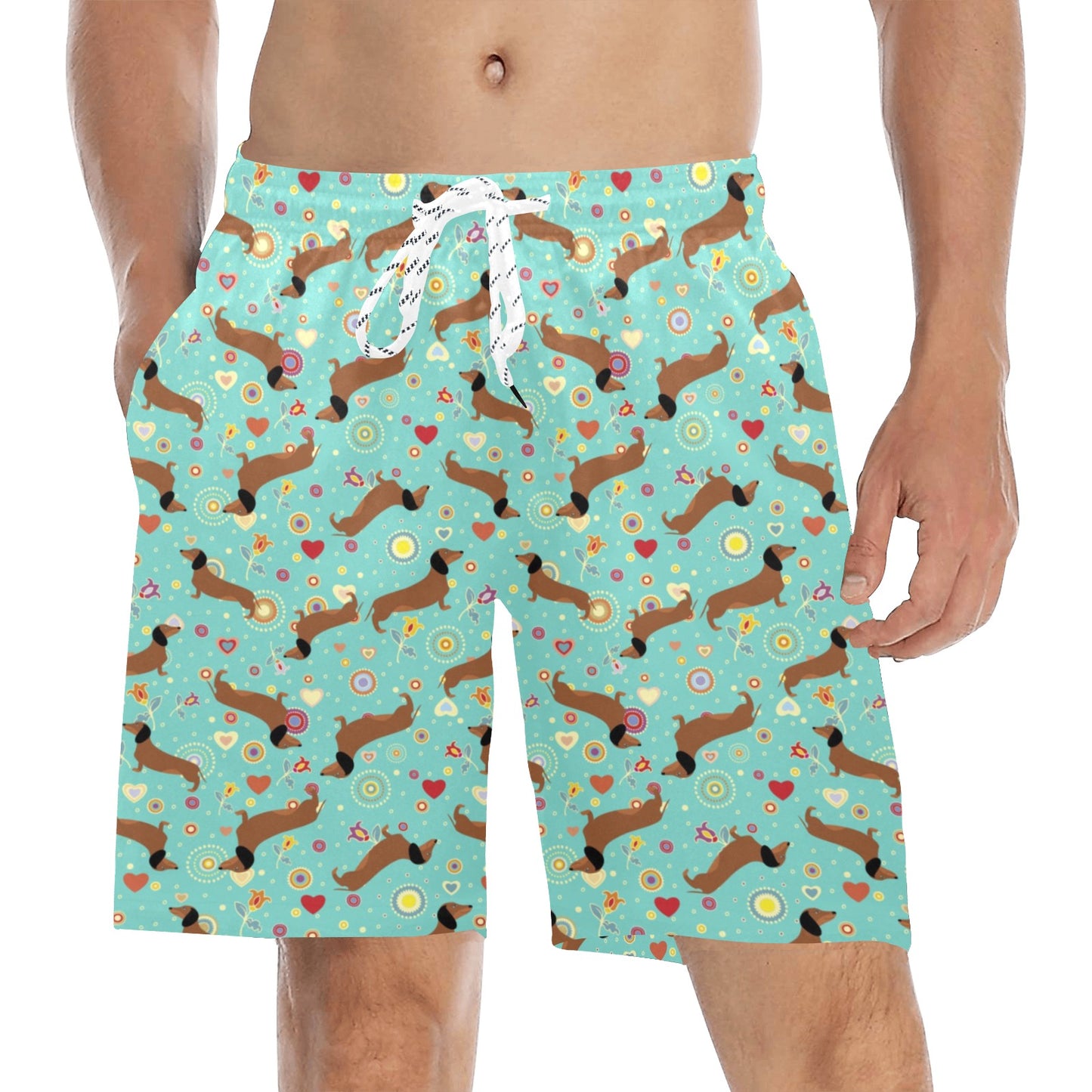 Dachshund with Floral Print Pattern Men's Swim Trunks Beach Shorts