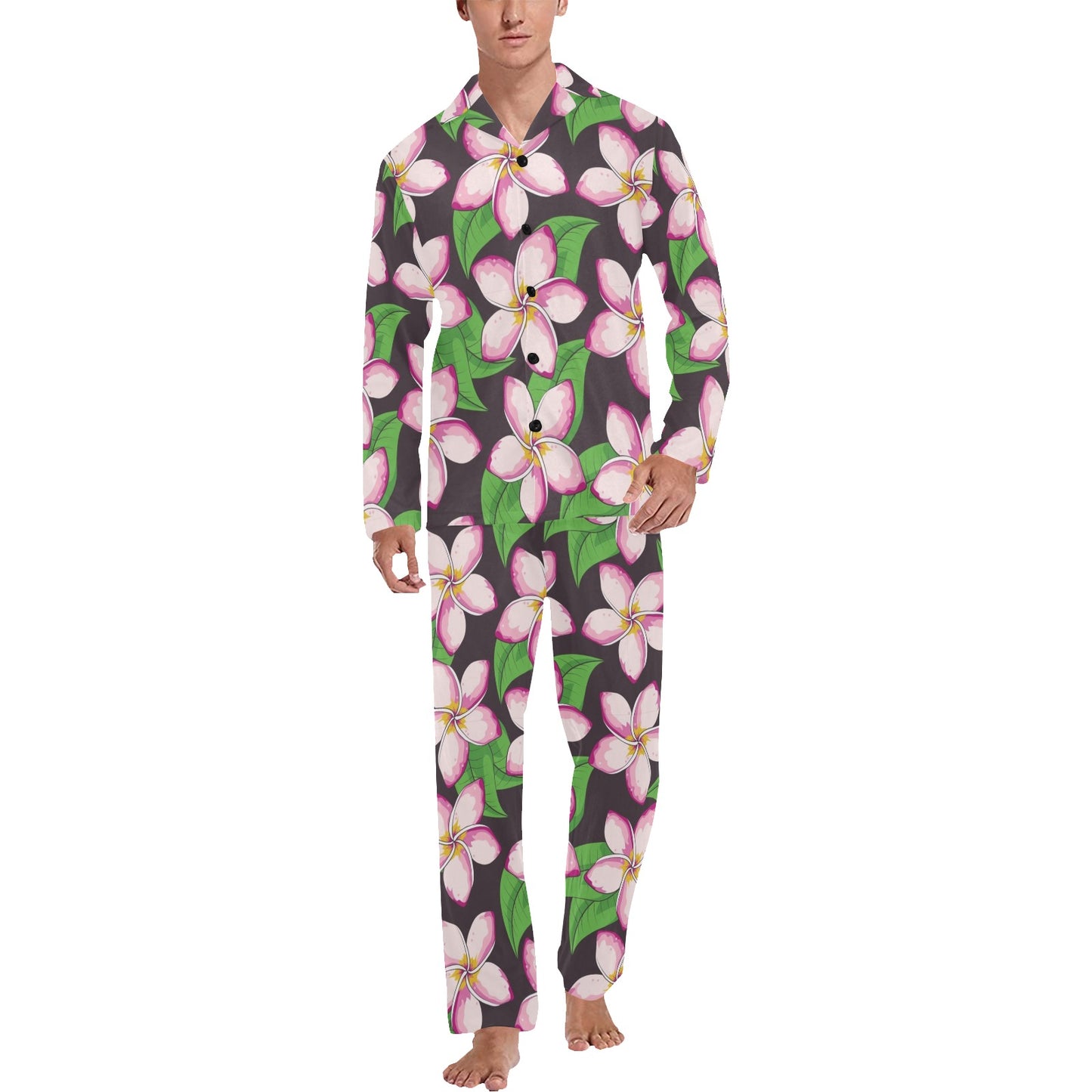 Pink Plumeria Pattern Print Design PM019 Men's Long Pajama Set