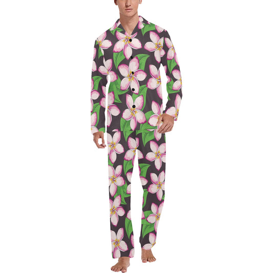 Pink Plumeria Pattern Print Design PM019 Men's Long Pajama Set