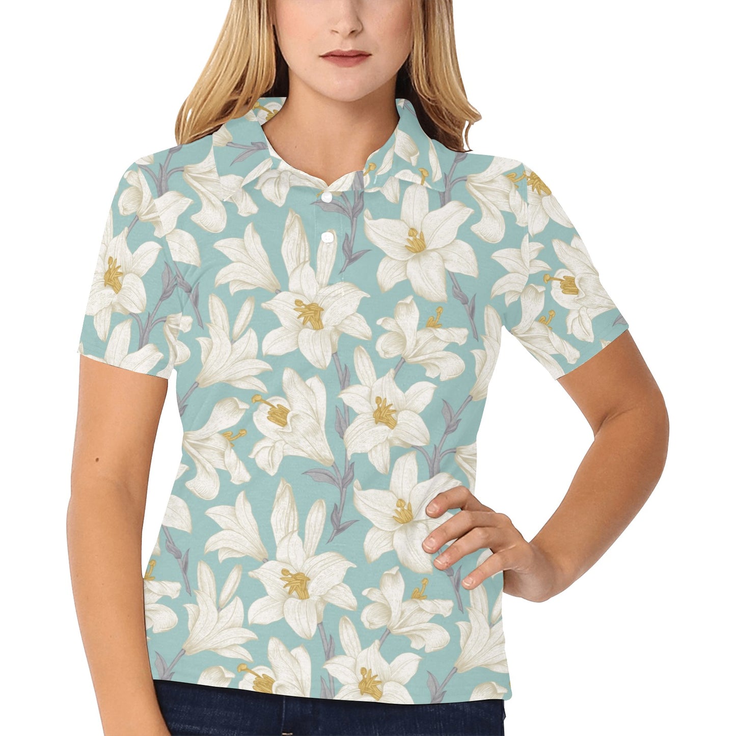 Lily Pattern Print Design 02 Women's Polo Shirt
