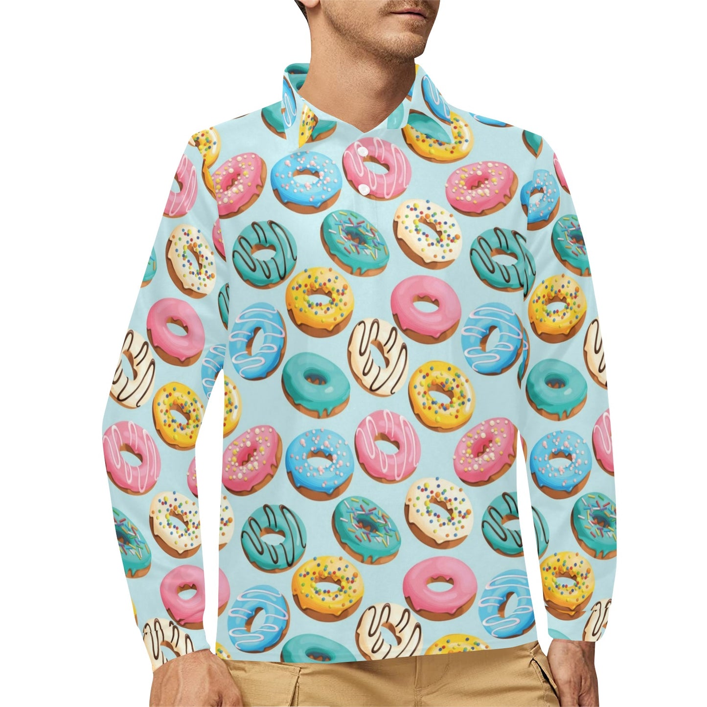 Donut Pattern Print Design DN05 Long Sleeve Polo Shirt For Men's